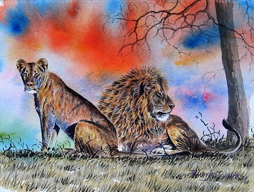 Lion et Lionne de l’Afrique Peintures à l'huile